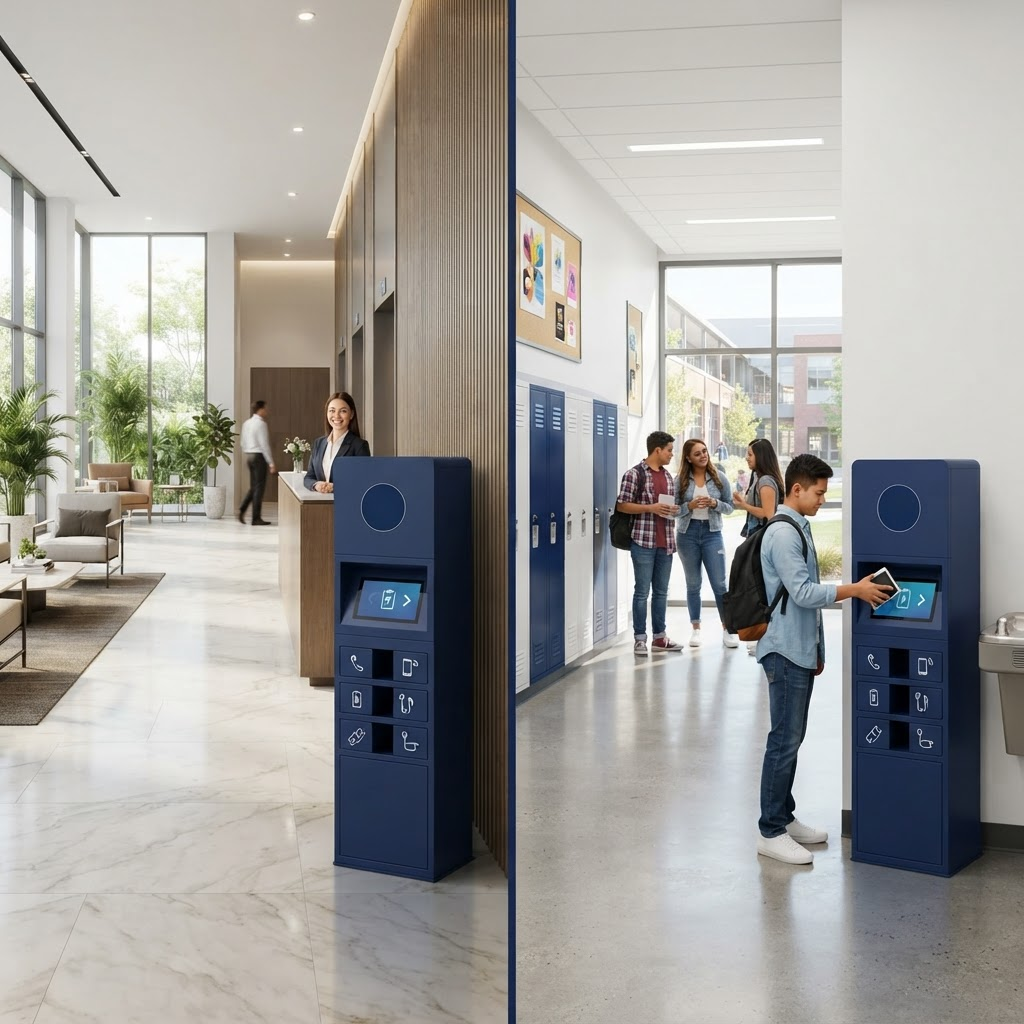 Coletores de lixo eletrônico da Recicle Eletrônicos instalados no hall de um condomínio e no corredor de uma instituição de ensino
