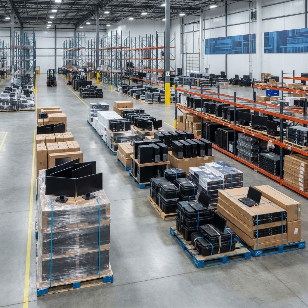 Equipamentos de informática organizados em ambiente empresarial pronto para coleta